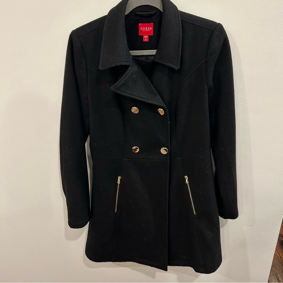 GUESS Black Wool Blend Double Breasted Cutaway Coat Women’s Medium - Picture 3 of 7